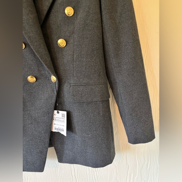 Zara Grey Gray Double Breasted Knit Wool Like Structured Military Blazer Jacket - Picture 8 of 16